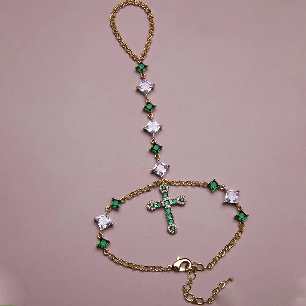 Stonefans Green Cross Bracelet Charm for Jewelry Making Women Female Fashion Rhinestone Hand Jewelry Bangles Wholesale Wedding