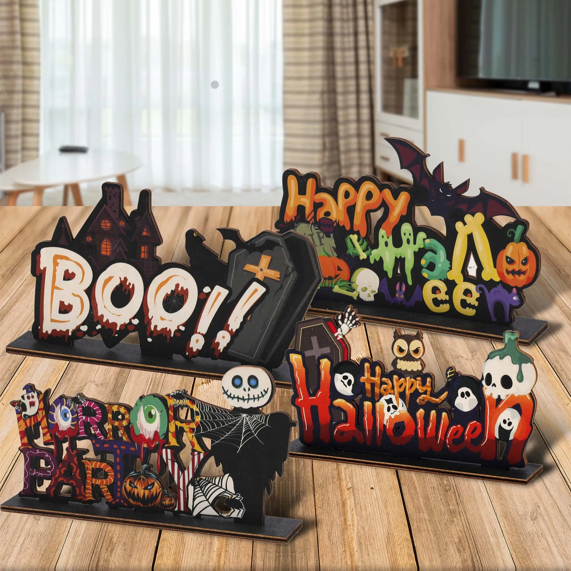 2023 Happy Halloween Wooden Ornamnets Ghost Boo Horror Zombie Night Desktop Decorations Trick or Treat Helloween Party Supplies