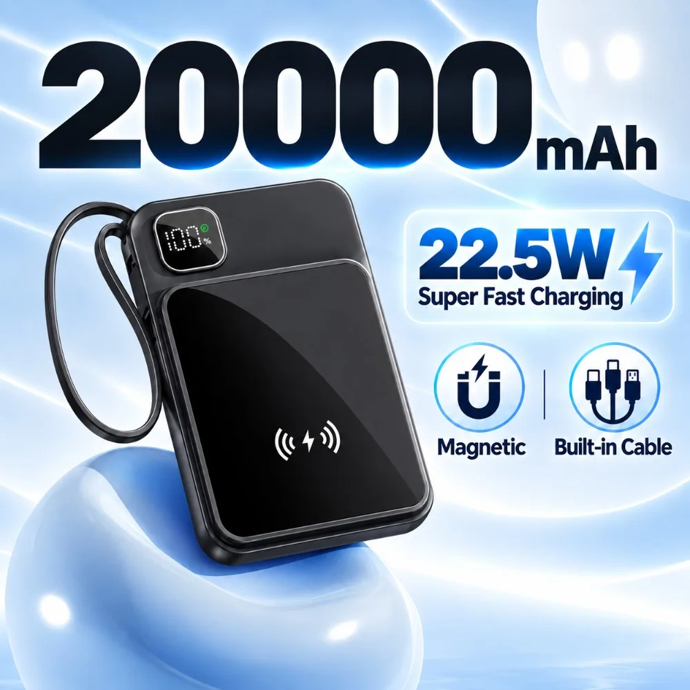 22.5W Fast Charging 20000mAh Compact Portable Magnetic Wireless Power Bank Built‑in Cable Battery Pack For Smart Devices