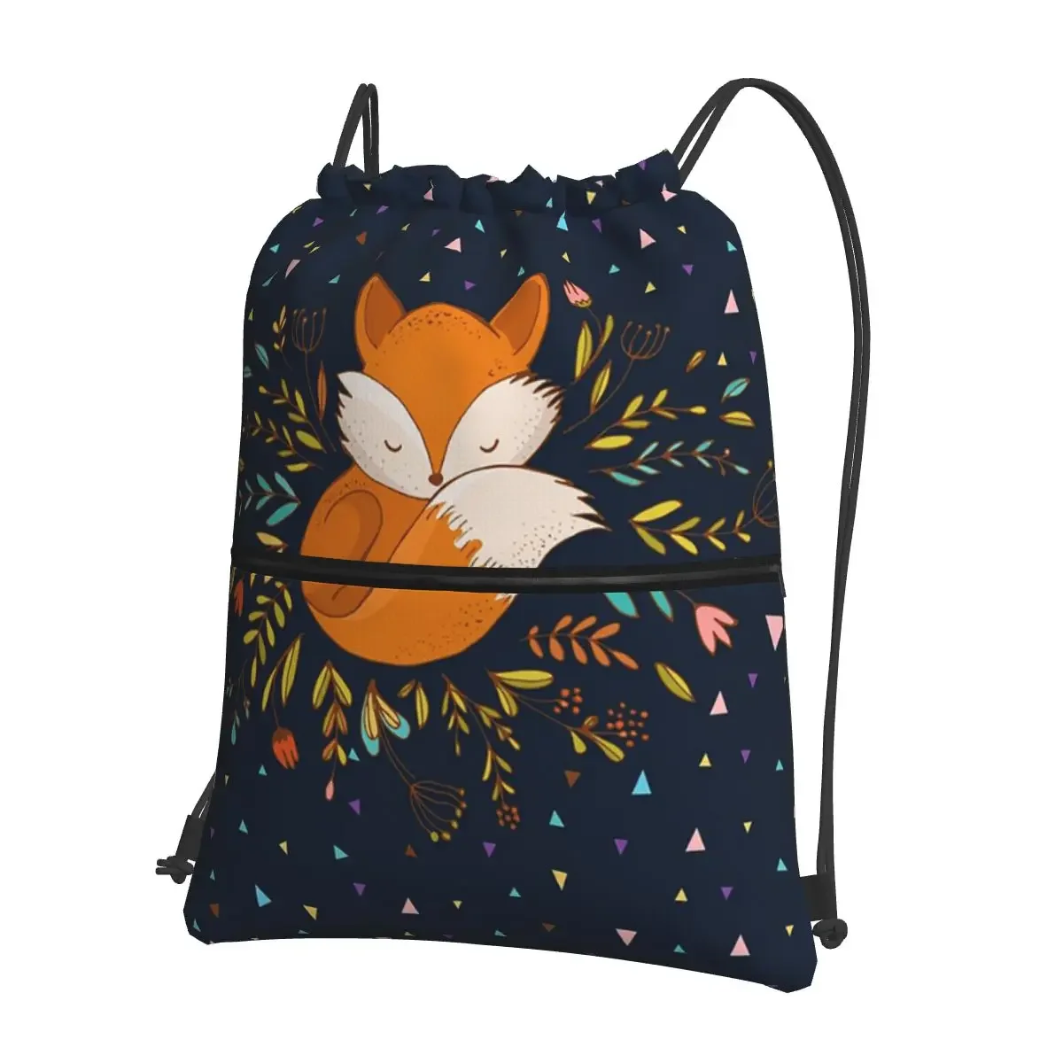 Cute Fox Flowers And Triangles Portable Backpacks Drawstring Bag Drawstring Bundle Pocket Shoes Bags For School Students