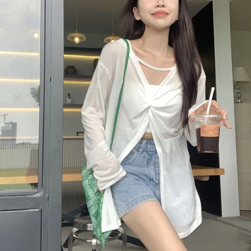 Gidyq Summer Sexy Irregular T Shirt Women Korean Fashion Loose Sun Protection Shirts Casual Streetwear Female All Match Tops New