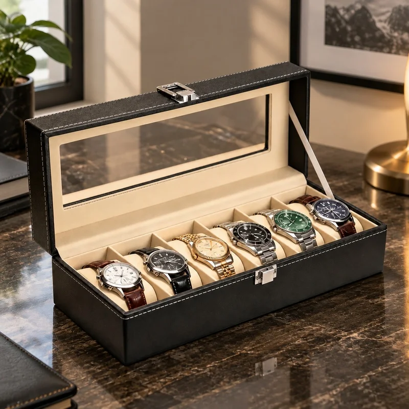 Men's Watch Storage Box with Glass Lid, PU Leather Exterior, Multi-Slot Organizer and Display Stand for Gift or Collection