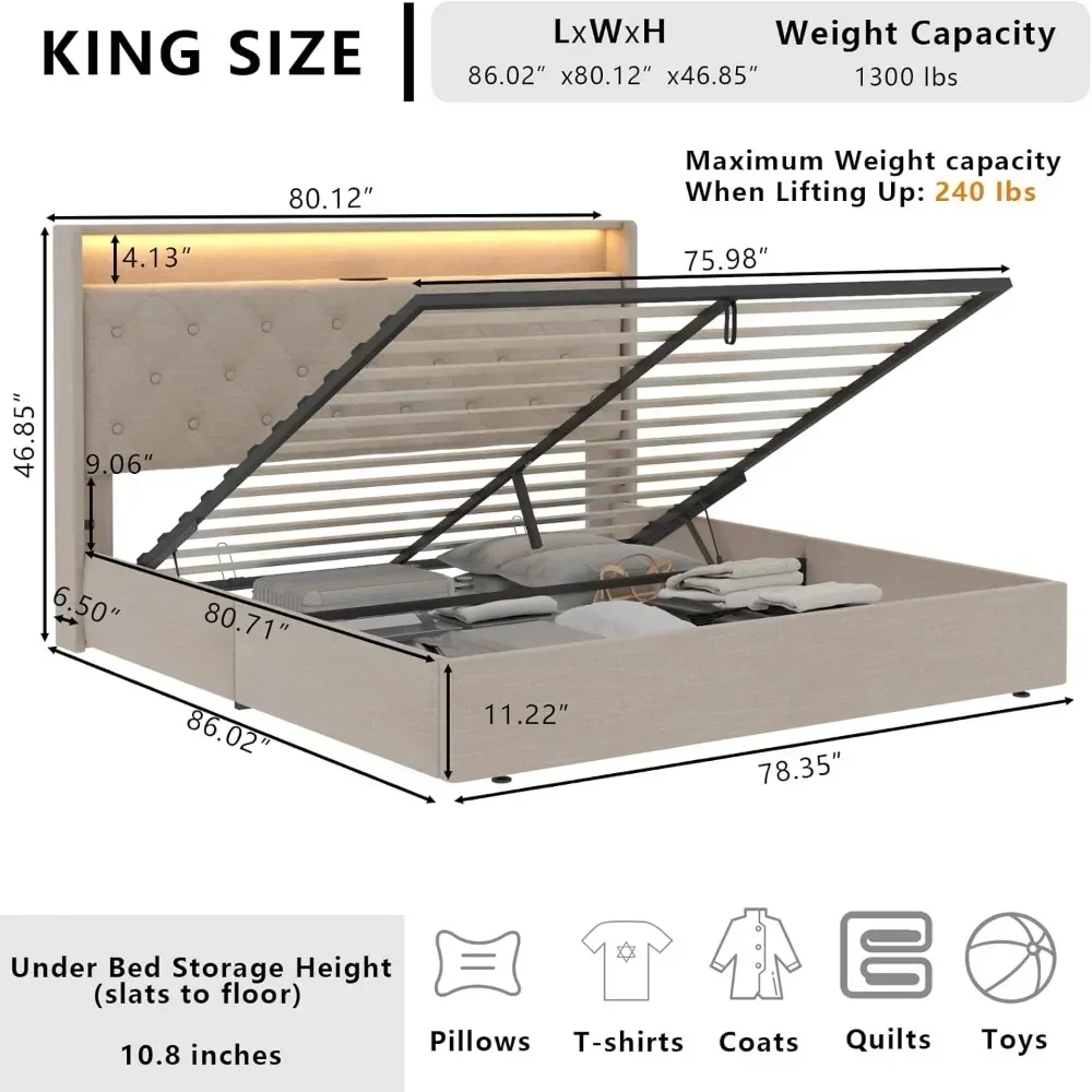 King Lift Up Bed Frame with Charging Station & LED Lights, Upholstered Bed with   Storage Headboard, Hydraulic StorageZL