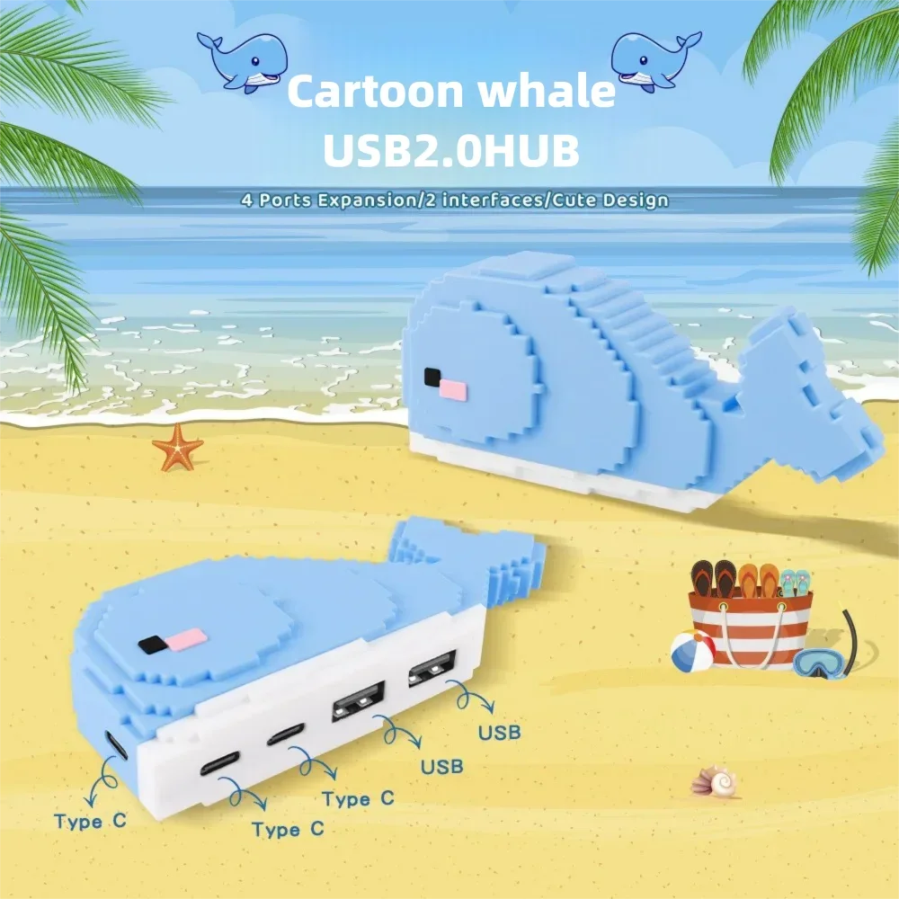 

USB 2.0 Hub 4 Ports Cute Pixel Whale Type C Hub Desktop Ornament for Laptop PC