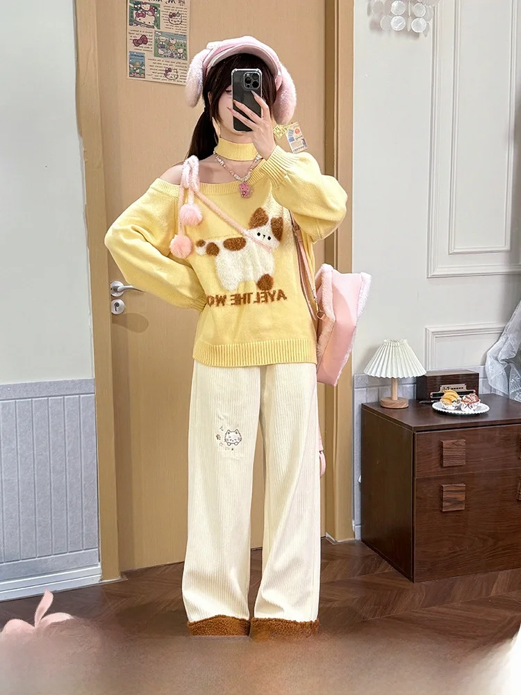 

Желтый свободный вязаный свитер с открытыми плечами Sweet Sle, женский осенний повседневный удобный топ с милым медведем/свиньим животным узором