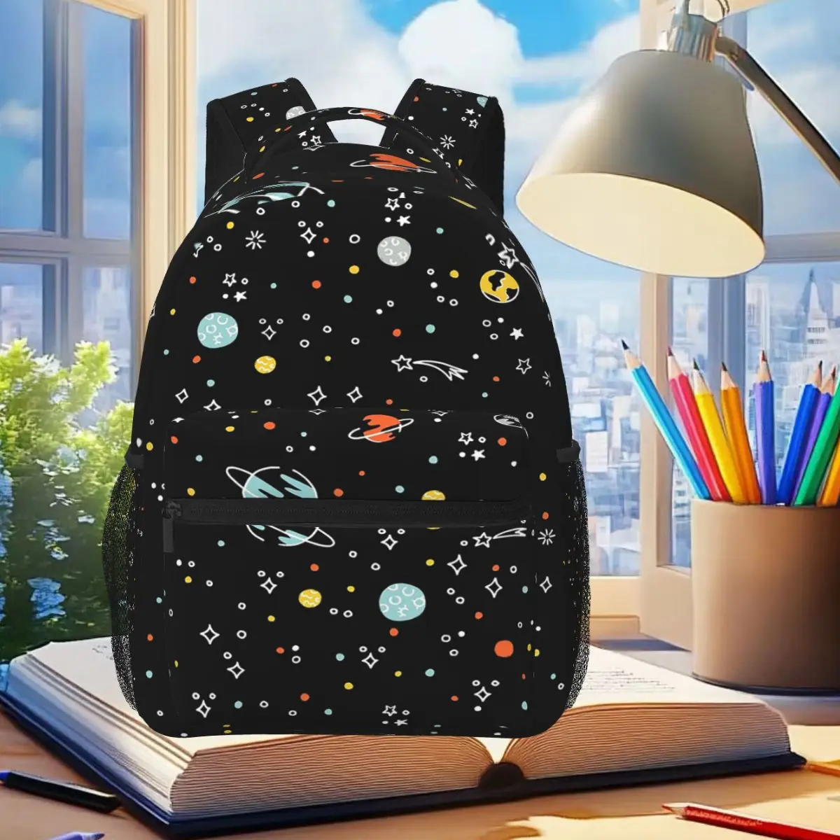 

Doodle Space Pattern - черный студенческий рюкзак, школьная сумка, походный дорожный рюкзак для мужчин и женщин, модная сумка для книг, сумки на плечо
