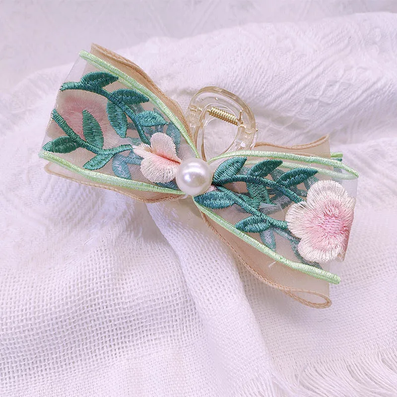 

Большой акриловый сетчатый захват для цветов с вышивкой, модный захват для цветочной акулы, новый женский пучок для волос в китайском стиле