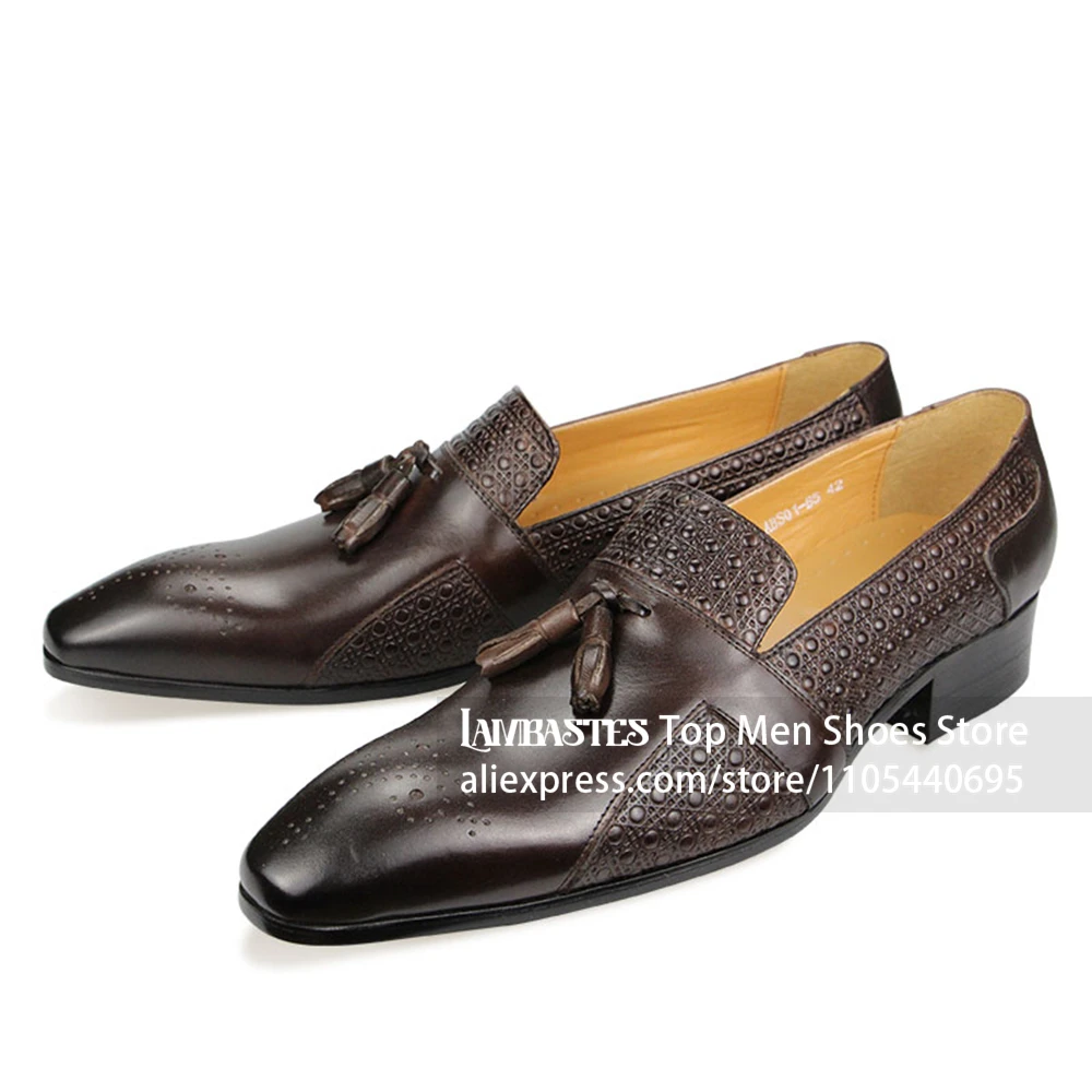 Men's Black Tassel Loafers Formal Textured Tassel Dress Shoes Brogue Medallion Perforated Toe Leather Shoes Luxury Wedding Shoes