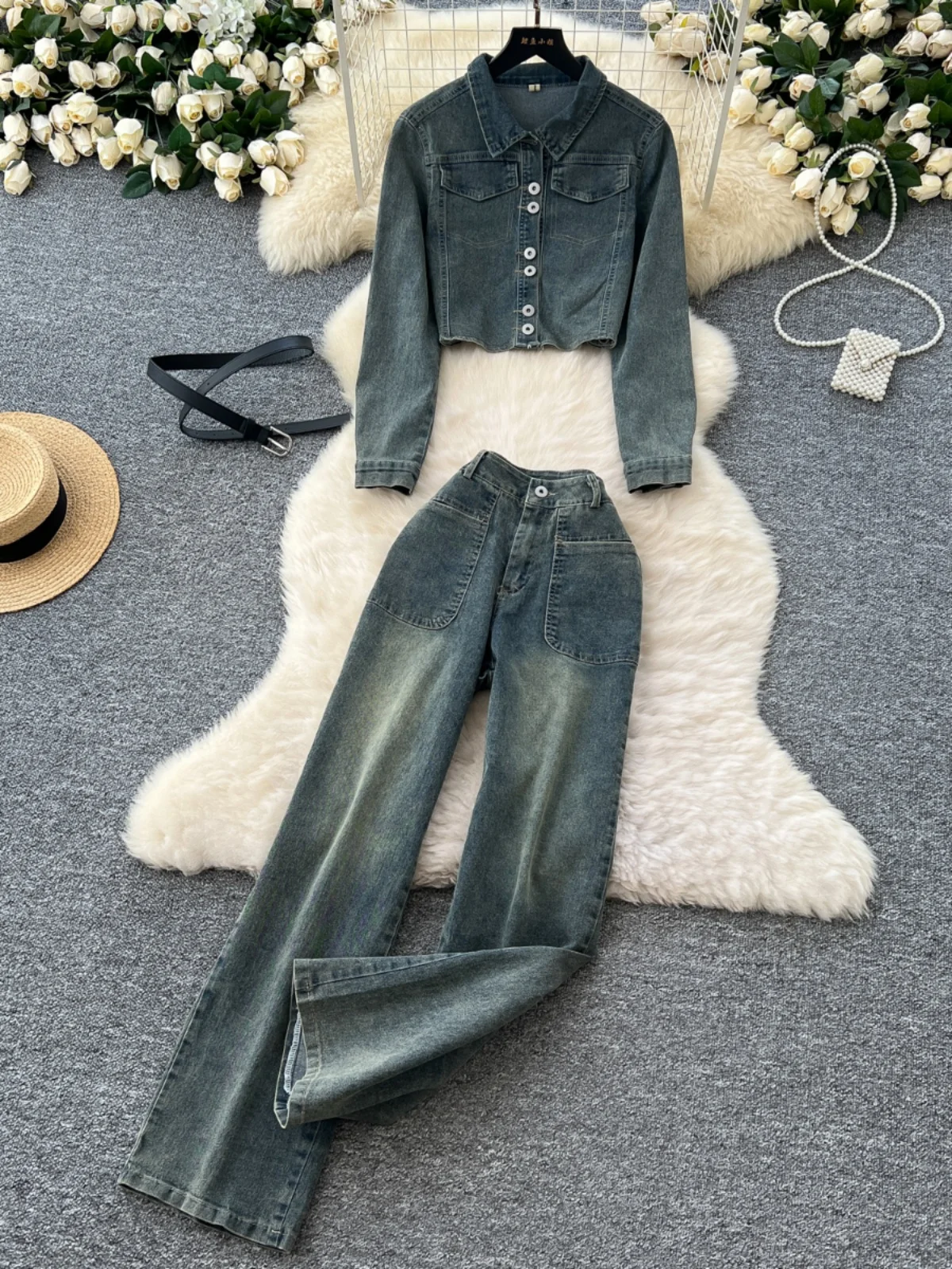 

Осенние женские винтажные синие джинсовые однобортные топы с лацканами и длинными рукавами, пальто и широкие джинсы с высокой талией, комплект из двух предметов