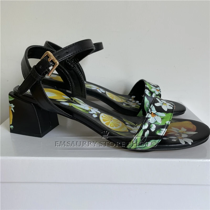 Stampa fiore sandali con un cinturino donna tacco quadrato in vera pelle Open Toe Outwear scarpe estive per ragazze