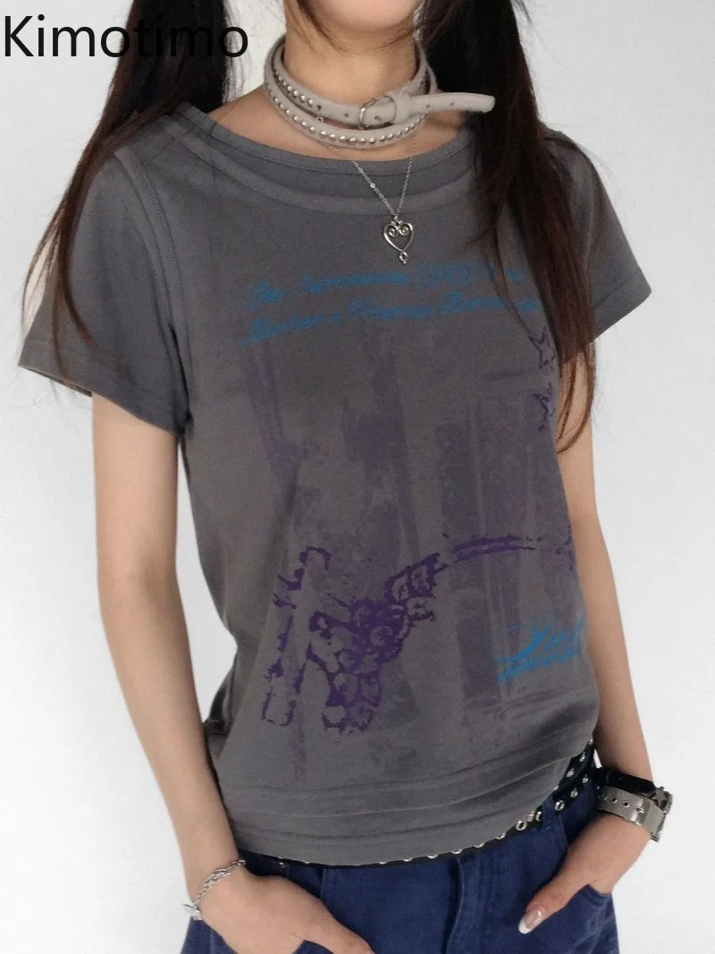 

Kimotimo Vintage Letter Printed Short Sleeve T Shirt Women Japanese Y2k Aesthetic Patchwork O-neck Top Punk Casual Harajuku Tees