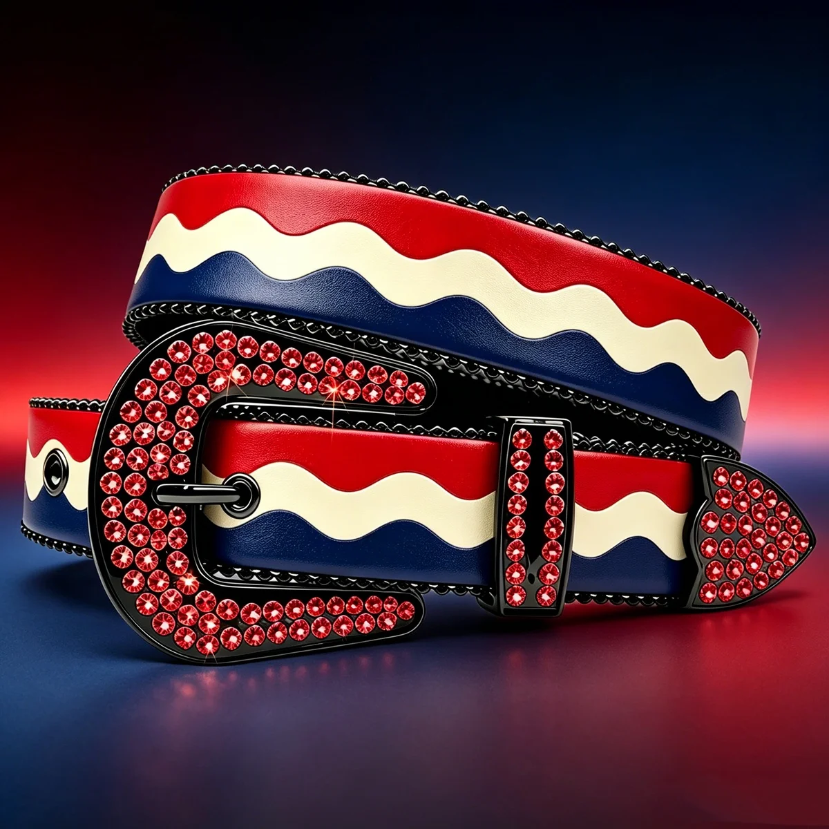 

Red, White, and Blue Wave Stripe Printed Rhinestone Belt, Color-Blocked Stripe Printed Belt, Unisex, Adjustable Pin Buckle, Perfect for Jeans, Casual Wear, and Street Fashion, Decorative Accessory for Jeans and Dresses, Versatile for Commuting and Casual 