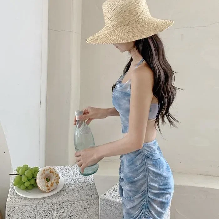 

Retro Hepburn Style Women's Swimsuit Sexy Bandeau Cover-Up Skirt Slimming Belly Concealment Beachwear Full Coverage Bikini Set