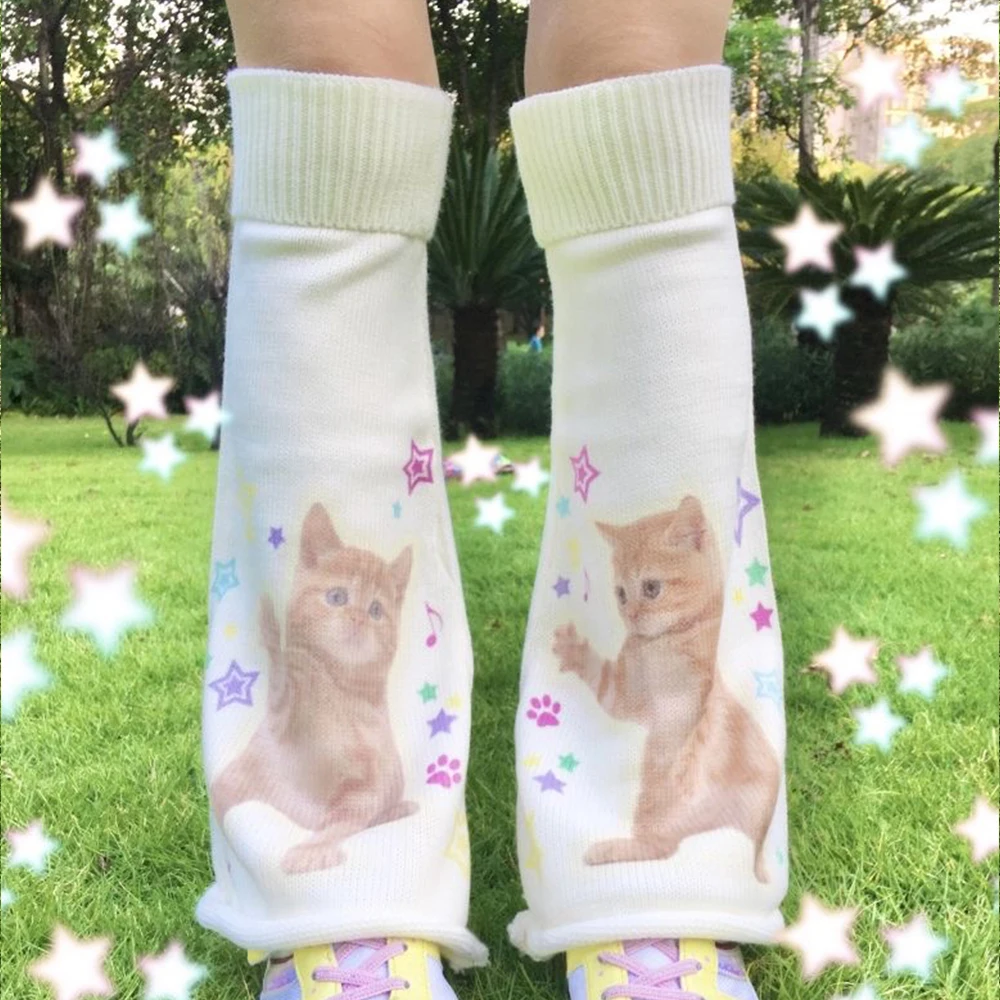 Kawaii Leg Warmers Cat Cartoon Pile Socks Lolita Cute Knitted Leg Cover Y2k Star Japanese JK Accessories Leg Sock Cosplay