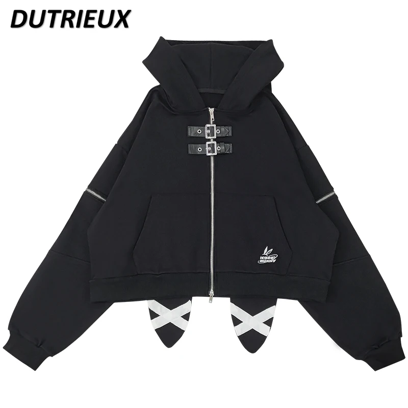 Lolita Cute Rabbit Ears Black Short Hooded Sweatshirt Women\'s Long Sleeve Spring Autumn Zip Up Oversized Hoodies Coat Cardigan