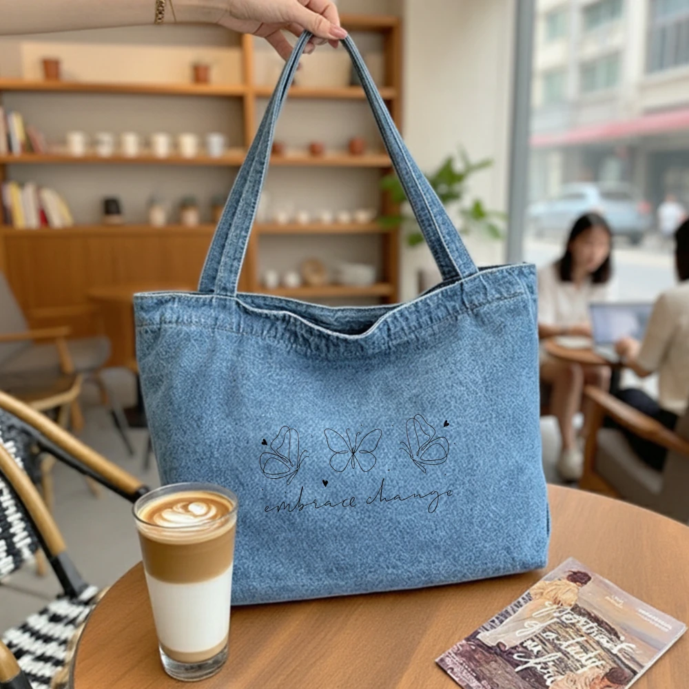 

Blue Denim Tote Bag with "Embrace Change" Affirmation, Perfect for Yoga Enthusiasts, Students, Women of Faith, Appreciation Gift