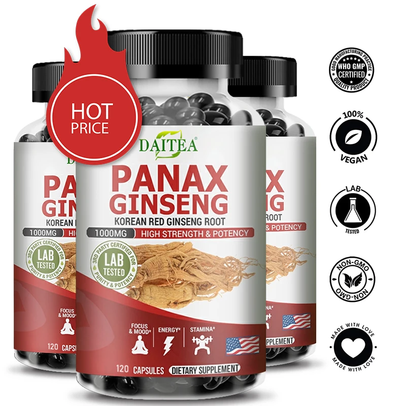 

Korean Ginseng 1000 Mg - Red Ginseng Root with 5% Ginsenosides - Focus, Energy, Stamina, Mood and Concentration Support