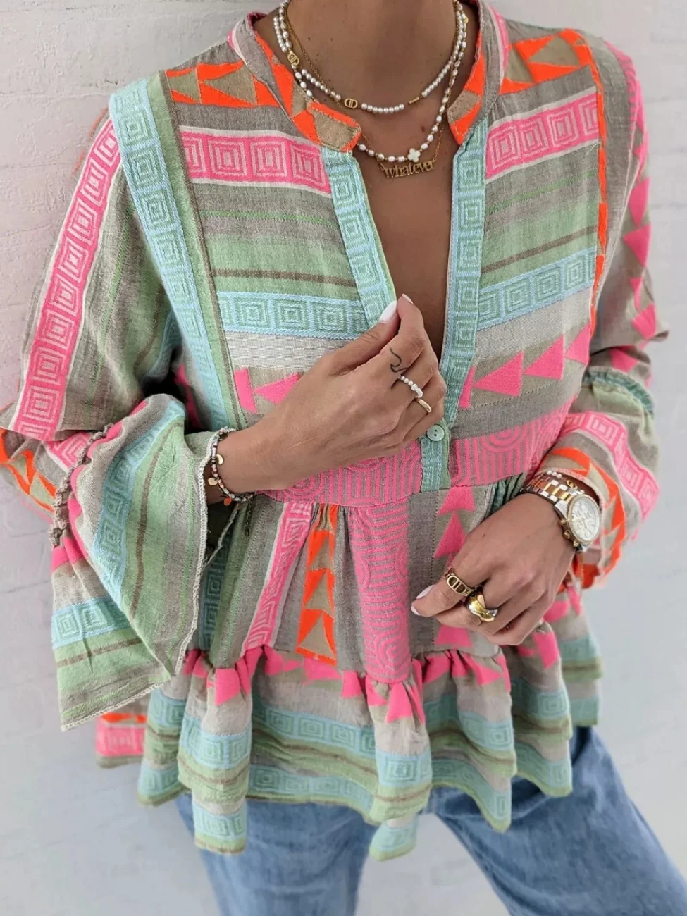 Slim Fit Printed Long Sve Women's irt Summer Regular Thin Pure Color T-irt Other Material 00% Brand Other