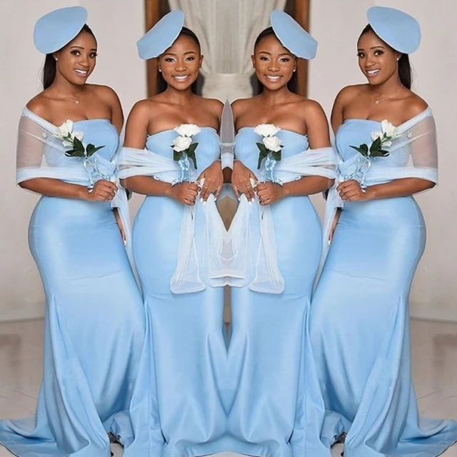 Light blue off the shoulder bridesmaid dress best sale