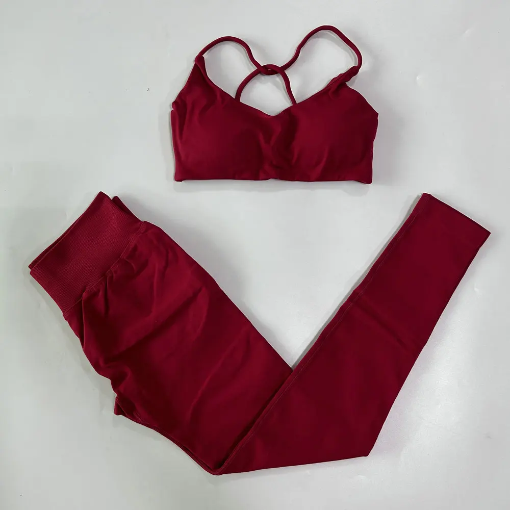 2-teiliges Sport-Set für Damen, nahtloser Yoga-BH mit Riemchen am Rücken, mittlerer Halt, Yoga-Leggings mit hoher Taille, Scrunch-Gym-Hose, Fitness-Strumpfhose – Detail 17