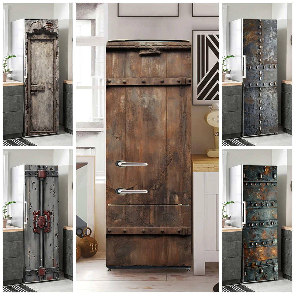 

Vintage Rusty Door Design Mural Decals Kitchen Waterproof Decorative Refrigerator Cabinet Iron Steel Gate Texture Art Wallpaper