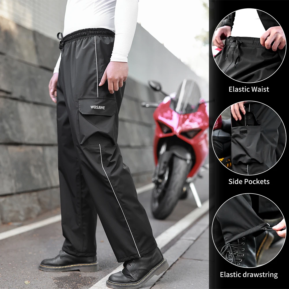 WOSAWE مقاوم للماء دراجة نارية السراويل الدراجات سكوتر دراجة الدراجين أيام المطر المطر السراويل المشي لمسافات طويلة الصيد المطر بنطلون عاكس