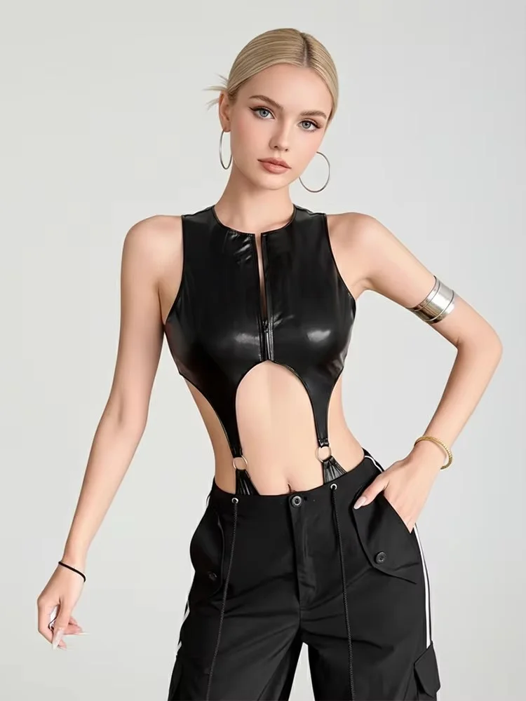 REDDACHiC Deconstructed Leather Bodysuit Women Hot High Cut Solid Black Hollow Out Quarter Zip Tank Top Punk Alternative Clothes image 2