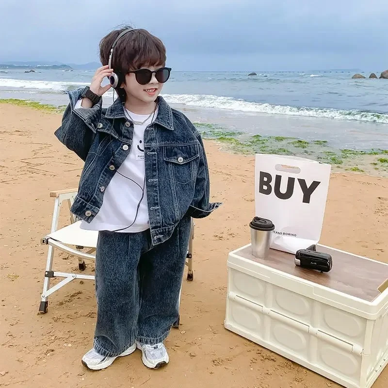 

2025 Girl Spring Autumn Children Boy 2PCS Clothing Set Cotton Turn Down Collar Denim Coat +Solid Jeans Pants Baby Boys Outfits