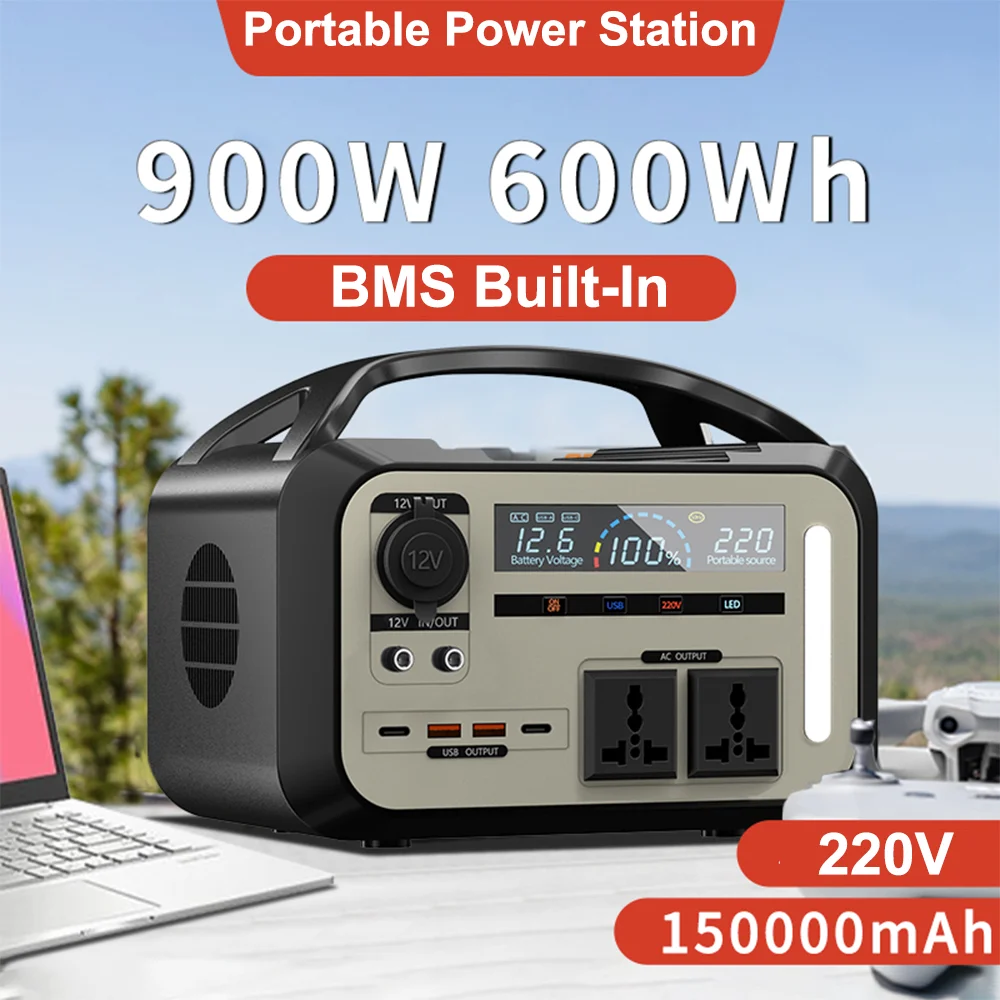 900W Portable Power Station 600Wh Pure Sine Wave Battery Solar Generator For Outdoor Camping RV Home Use Fast Charge Emergency