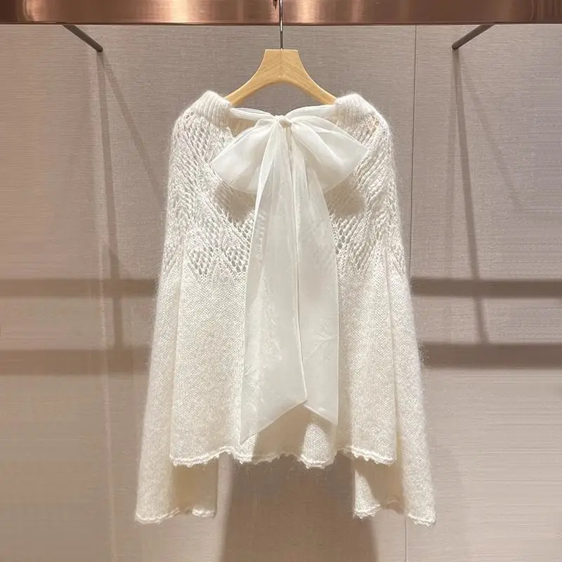 

Вязаный свитер с бантом, весенне-осенний новый уникальный дизайн, универсальный и простой топ, женский милый элегантный свитер