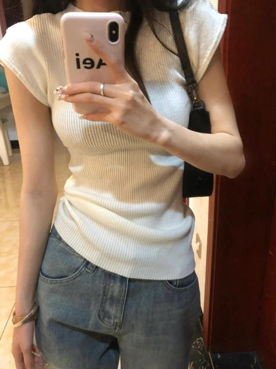 

Summer Slim Fit Ice Silk Knitted Top Women's Pure Desire Sle ort Sve f High Collar Thin oulder T-irt Korean Sle