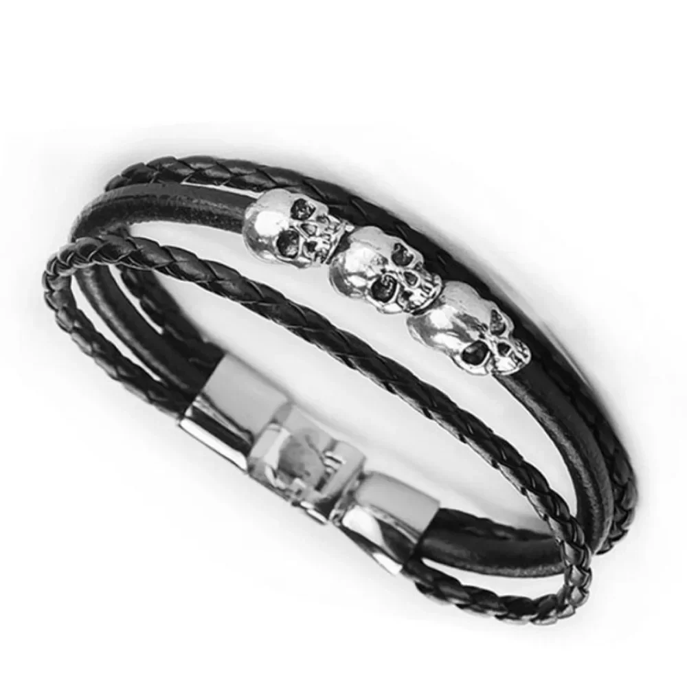 Classic Bully Skull Bone Vintage Leather Bracelet Men's Punk Hip Hop Rock Goth Charm Multi Layer Bracelet