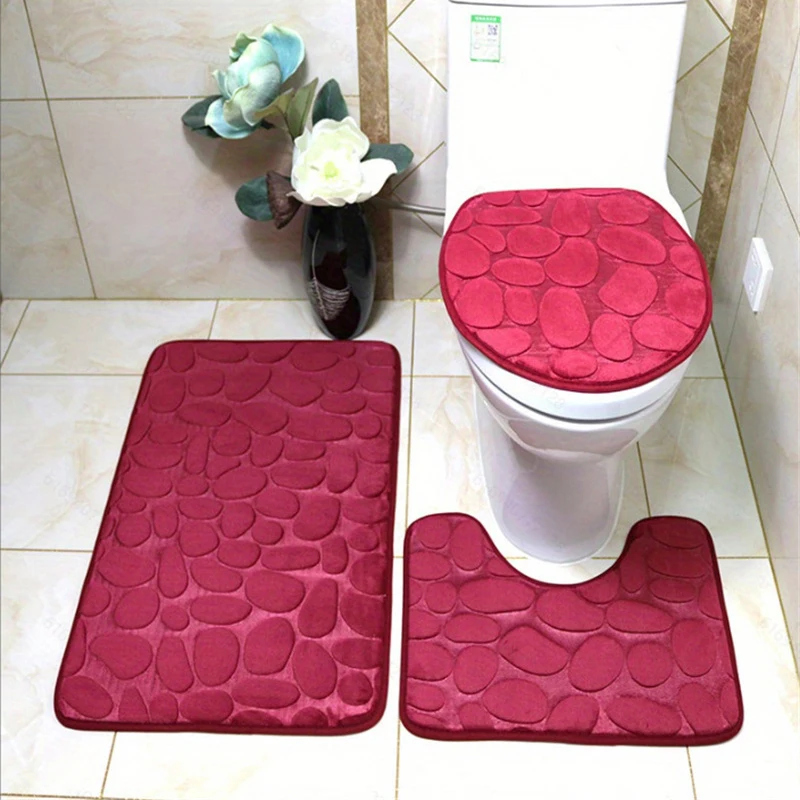 3PCS/Set Non-slip Soft Bath Mat Toilet Cover Carpet Cobblestone Embossed Floor Mat Bathroom Absorb Water Can Be Washed