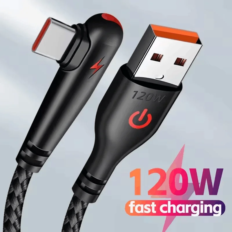 120W USB Type C Cable 90 Degree Elbow Fast Charging Phone Charger Data Cord For Samsung Xiaomi Huawei USB C Quick Charge Cable
