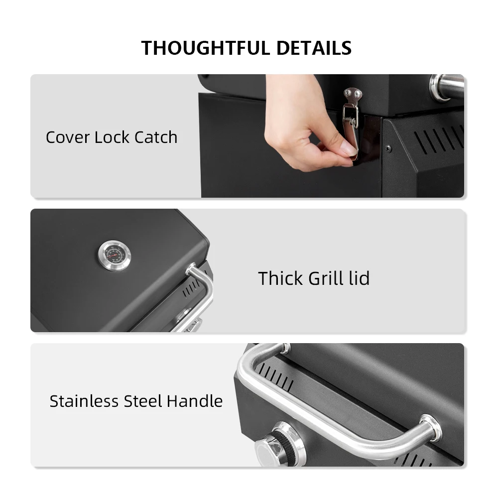 Desktop Gas Grill Portable BBQ Grill Outdoor Camping Cooking with Travel Lock Built-in Thermometer