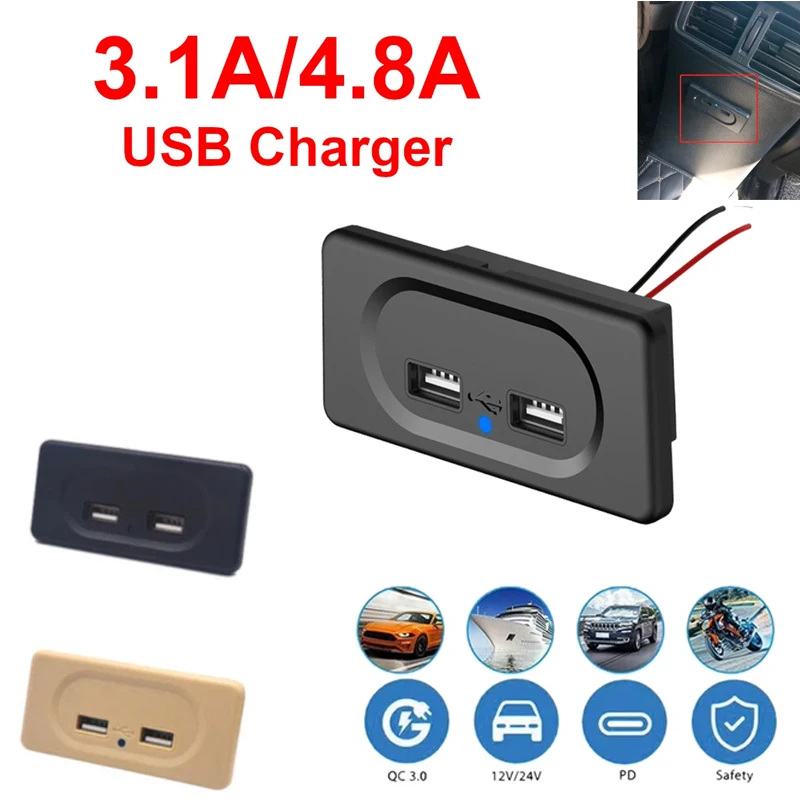 

3.1A 4.8A Dual USB Car Charger Socket 12V 24V for Motorcycle Auto Truck ATV Boat RV Bus Power Adapter Outlet LED Light