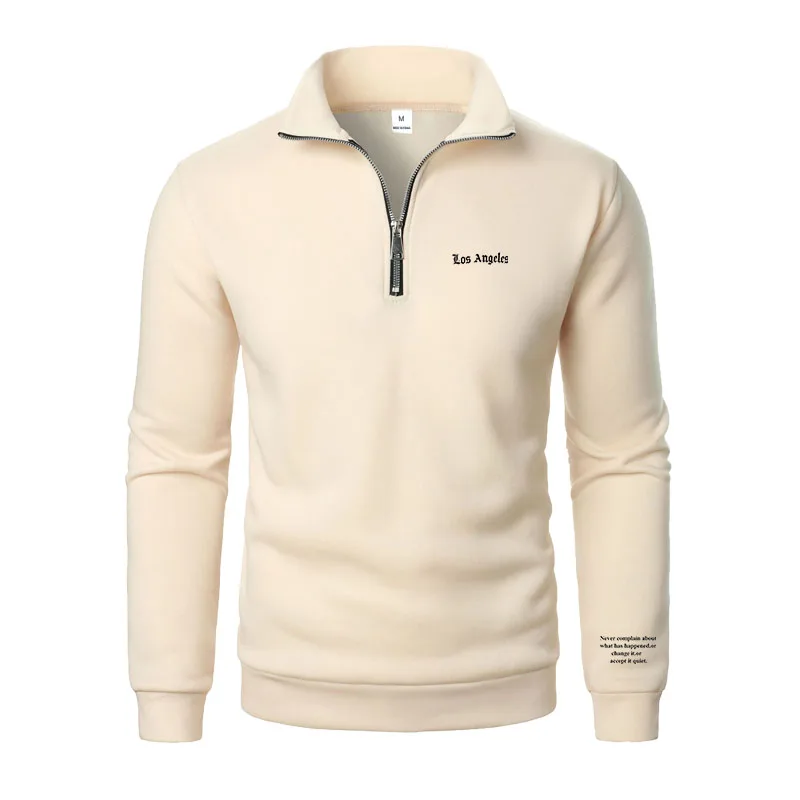 Frühling und Herbst neuer lässiger Kapuzenpullover mit halbem Reißverschluss und Stehkragen, trendiger, einfacher und lockerer, übergroßer Fleece-Herren-Hoodie – Detail 4