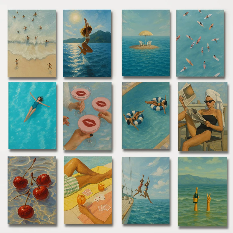 1pc framless Canvas  Minimalist Floating Woman Women Jumping from Yacht poster Surfers in Ocean canvas painting print wa