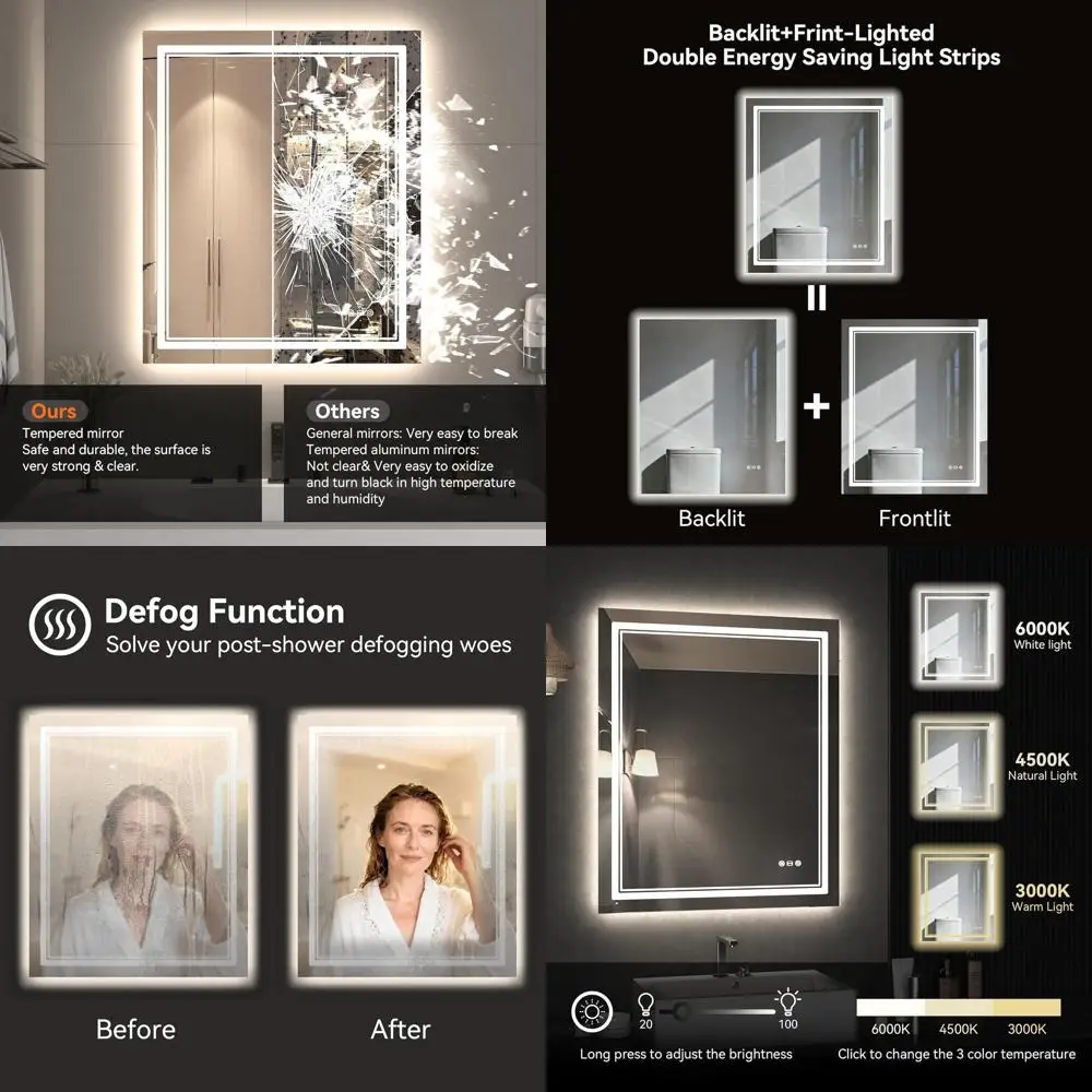 

36x30 LED Backlit Vanity Mirror with Motion Sensor, 3-Color Temperature, Dimmable, Anti-Fog, Tempered Glass, 110V, UL Certified