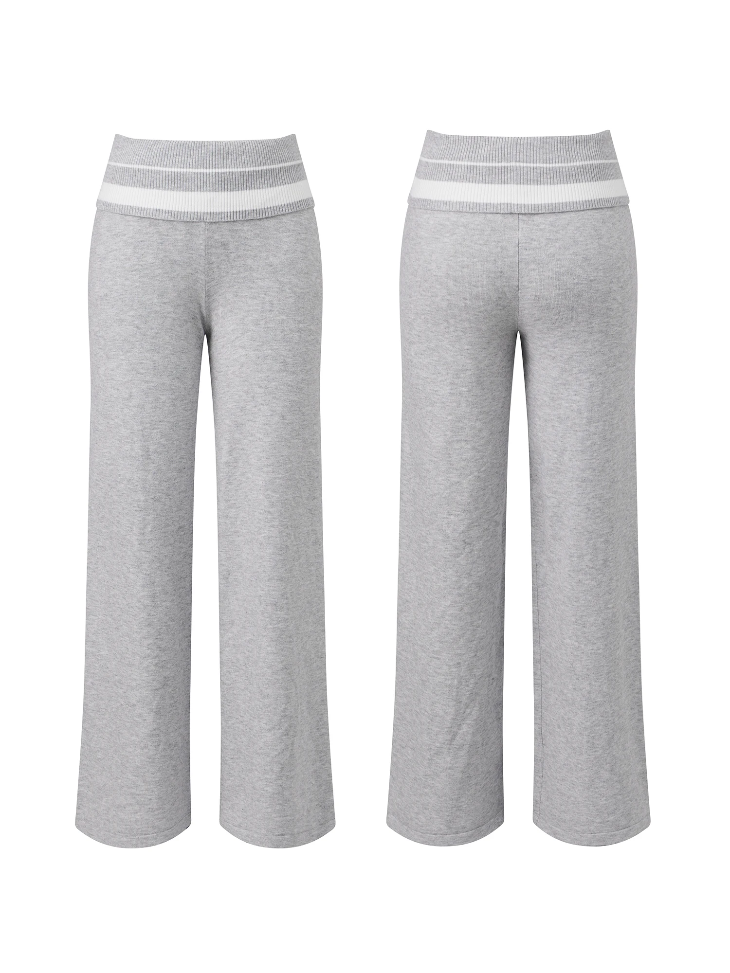 Pantalones de punto a rayas para mujer con cintura elástica y pierna recta ancha para estilo casual de otoño