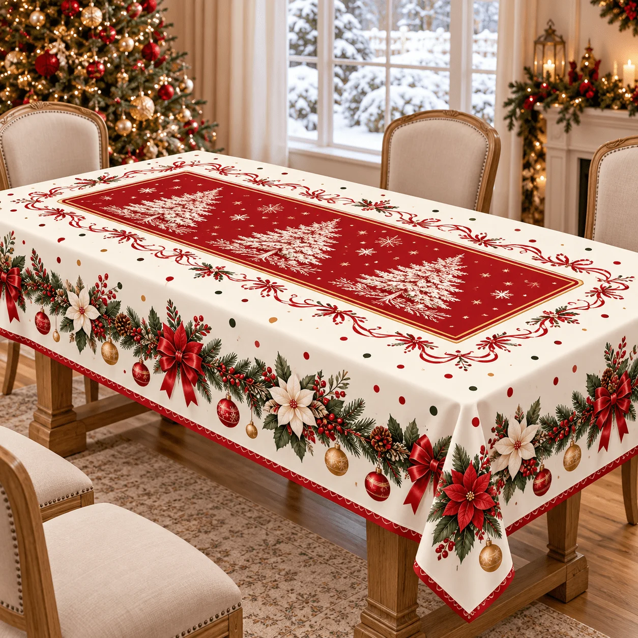 1 square tablecloth, Christmas table atmosphere! Cream white background, red and gold Christmas tree center pattern