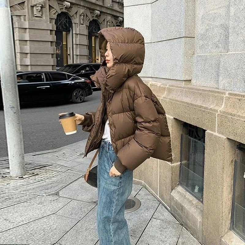 レディース無地多用途ダウンジャケット2025新作ショート丈フード付き厚手ゆったりフィット冬綿入りコートパン型アウター