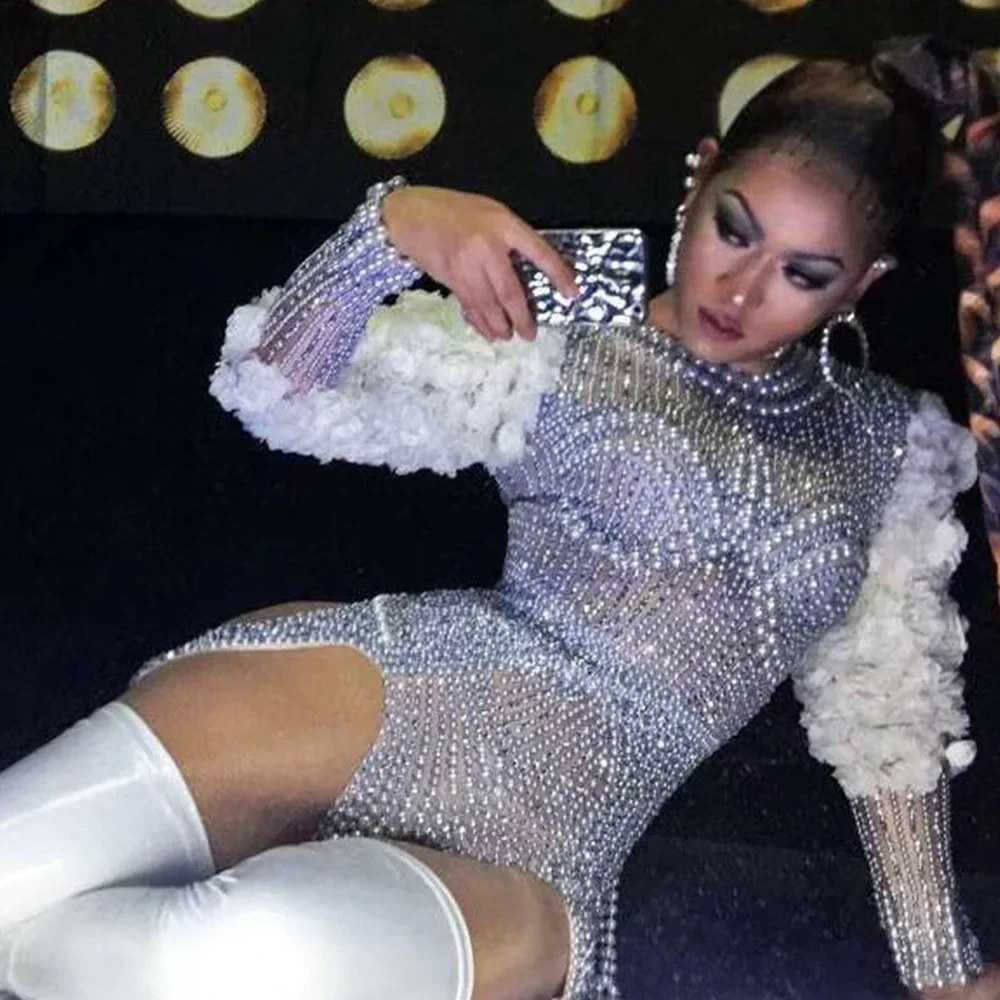 

Women Luxury Pearls Rhinestone Bodysuit Sexy Singer Leotard Performance Stage Dance Costume