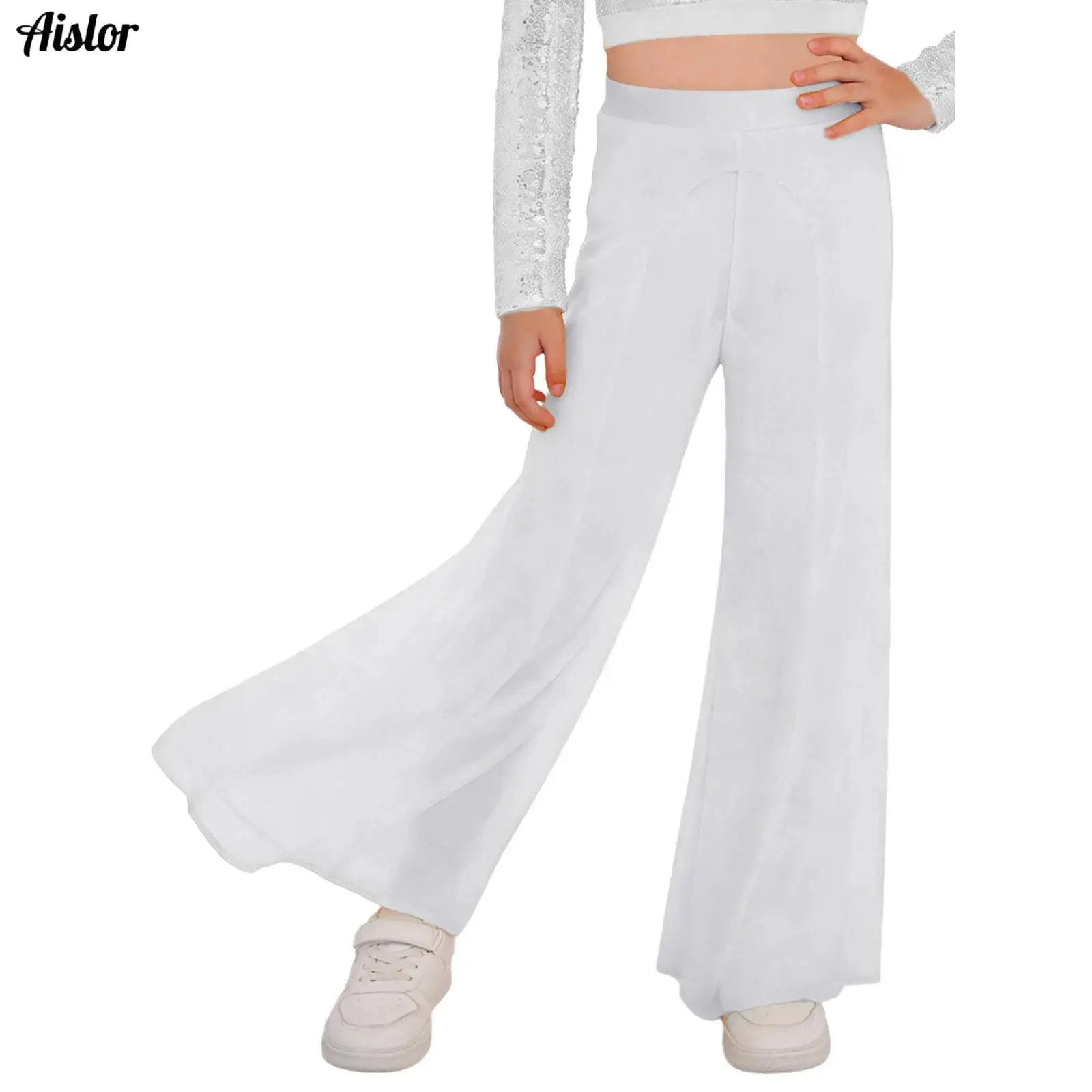 Kids Girls Modern Lyrical Dance Pants Elastic Waistband Wide-Leg Mesh Pants with Built-in Briefs for Performance Competition