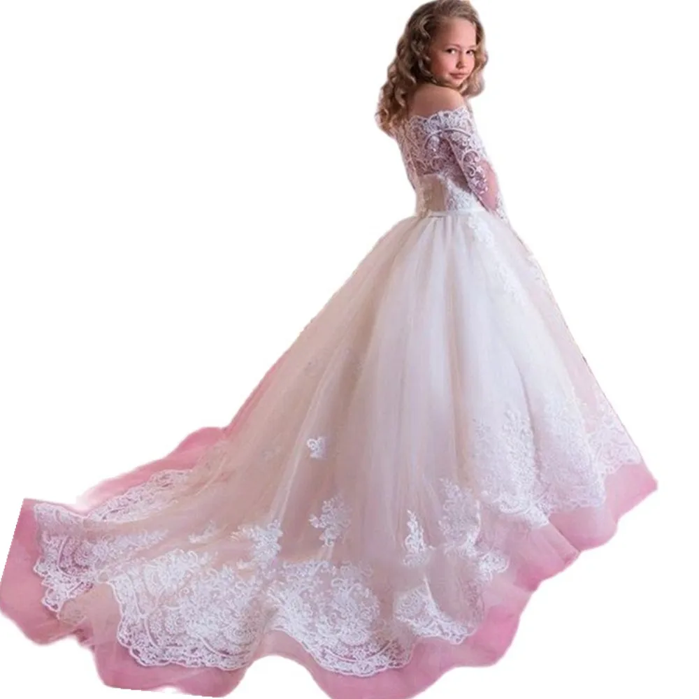 White Lace Flower Girl Dresses Tulle Full Sleeve Puffy For Weddings Kids Birthday Party Pageant First Communion Ball Gowns