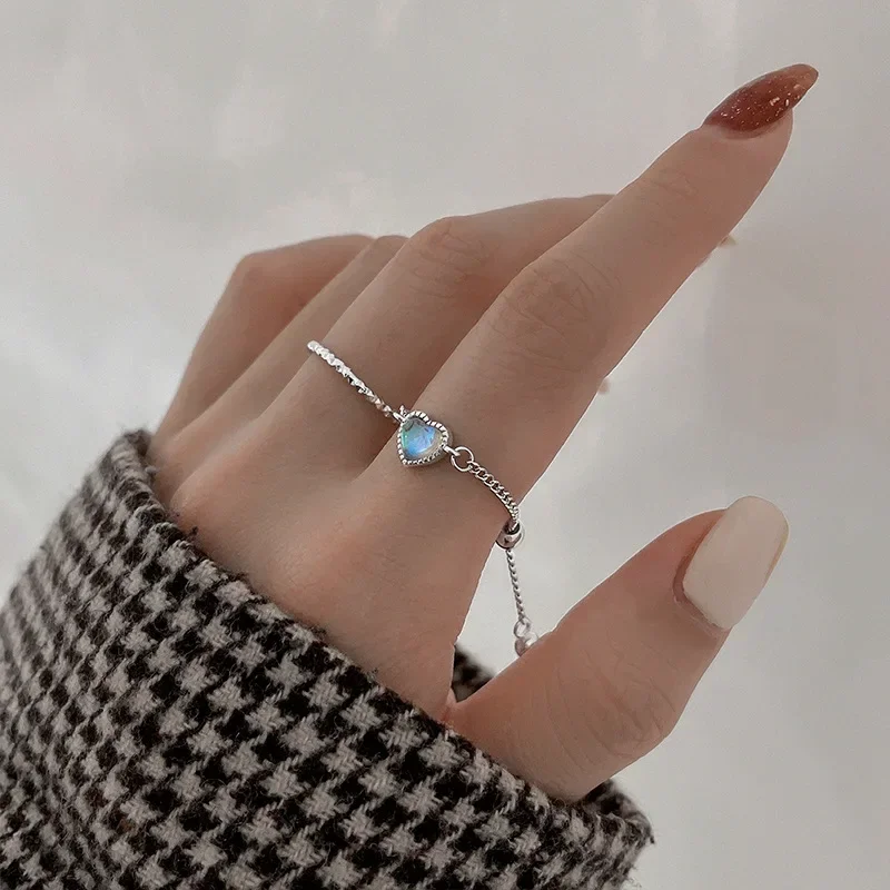 Elegant Love Chain Adjustable Ring Sweet Korea Temperament Color Heart-Shaped Ring Cute Design Jewelry For Women