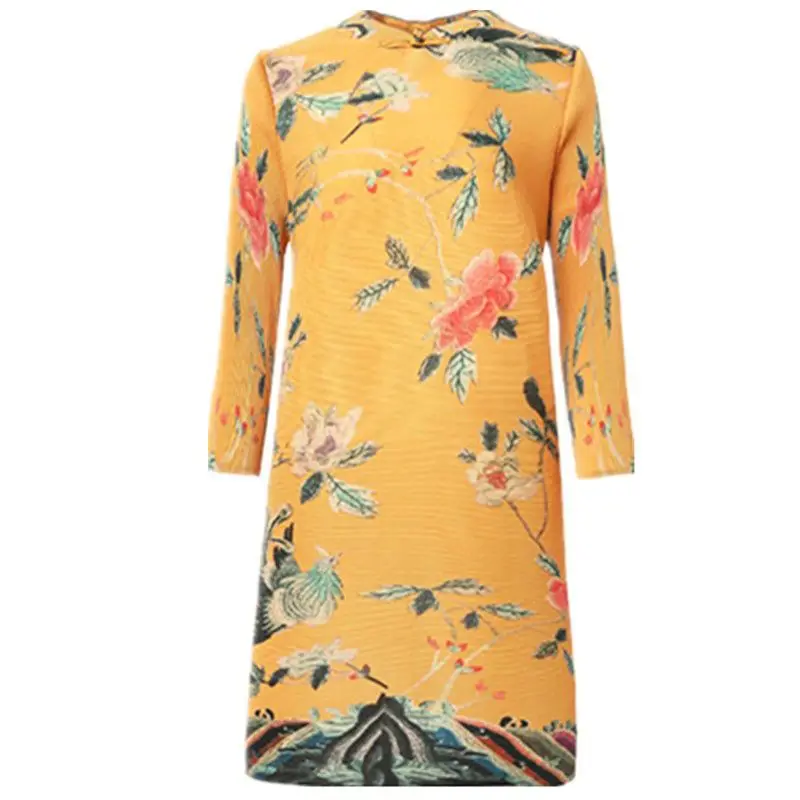 Pleated New Women's 2023 Autumn Women's Print A-Version Wave Pattern Mid length Dress  LOOSE