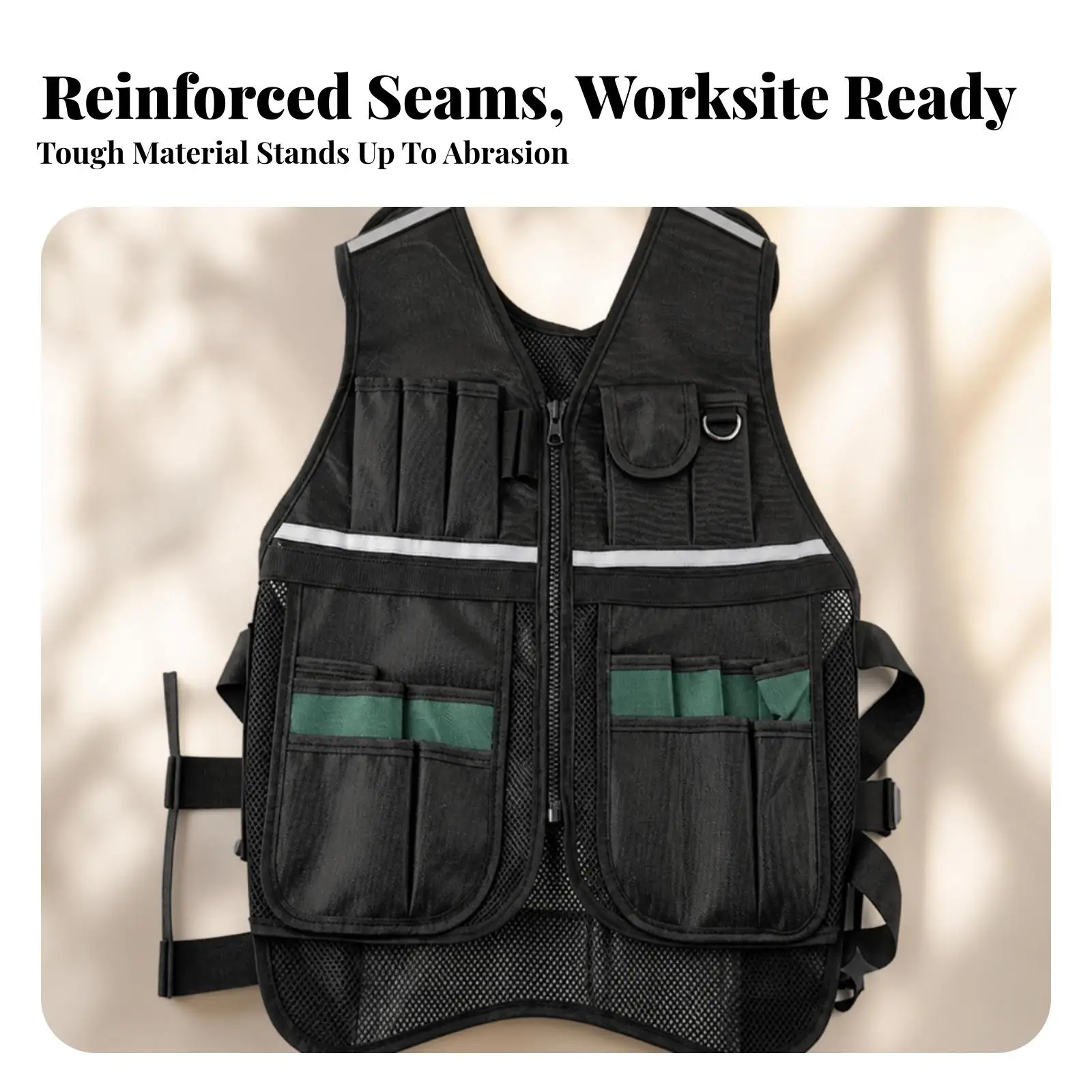 Multi Pocket Utility Vest for Workwear with Green Highlight Panels and Front Zipper Breathable Mesh Tool Vest