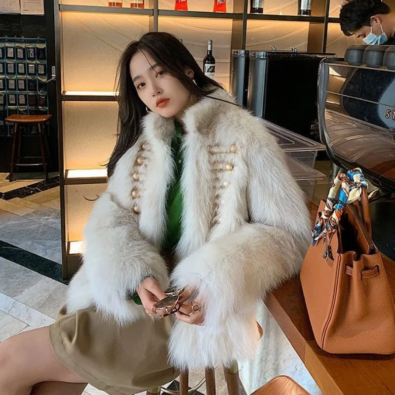 2023 Autumn Winter New Women Imitation Fox Fur Fur Coat Loose Stand Collar Short Outwear Temperament Keep Warm Casual Outcoat