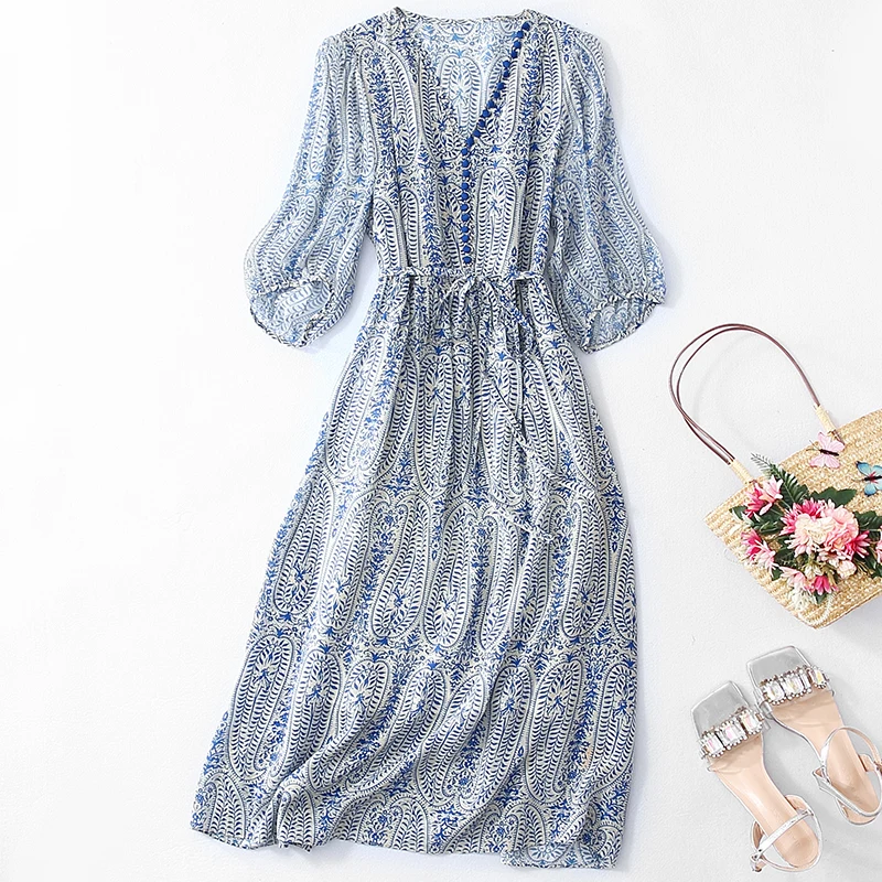 Eesswel 100% Real Silk Summer Dresses For Women 2026 Elegant V-neck Three Quarter Sleeve Print Women's Vintage Long Dress A-line - AliExpress 200000345 Eesswel 100% Real Silk Summer Dresses For Women 2026 Elegant V-neck Three Quarter Sleeve Print Women's Vintage Long Dress A-line - AliExpress 200000345